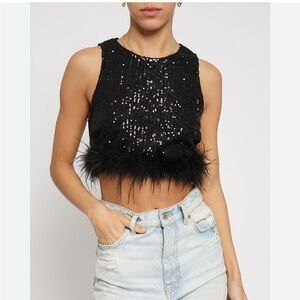 Bloomingdale’s Aqua Sz Large Black Sequin Embellished Crop Top • NWT!